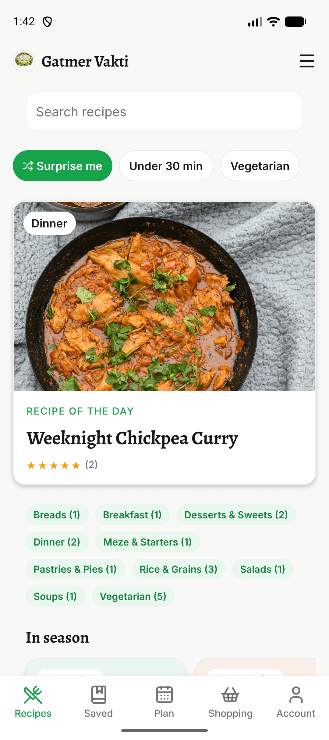 The Gatmer Vakti app showing the recipe of the day, quick filters and the category list